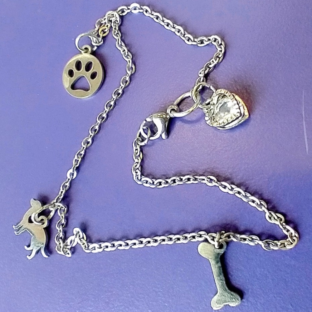 Dog Pet Lovers Paw Print Dangle Charm Anklet Stainless Steel Puppy SS